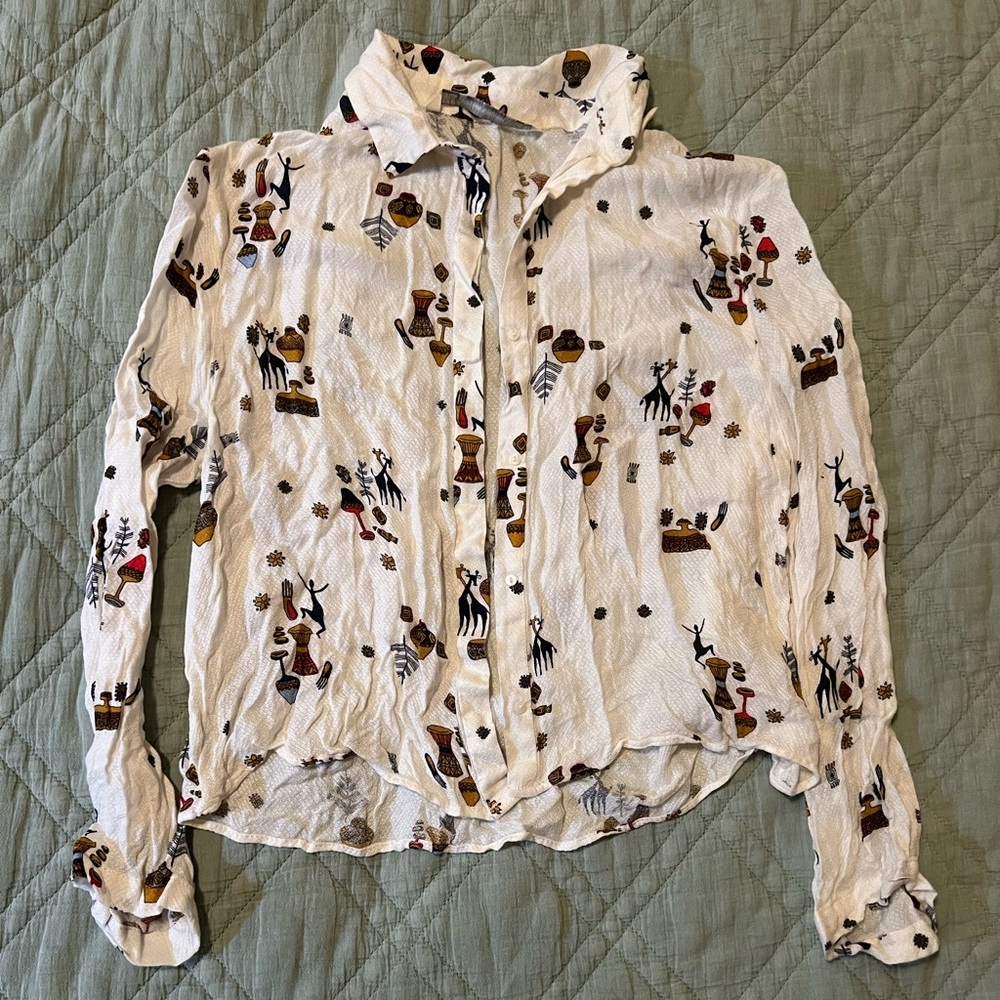 Zara printed slightly cropped button up down long sleeve shirt top blouse